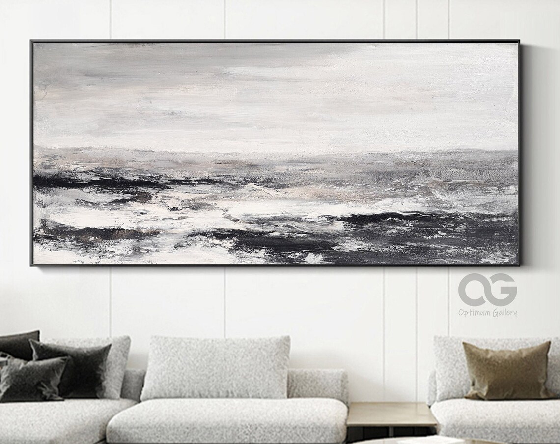 Black White Panoramic Abstract Seascape Textured Waves Monochrome Art Poster - Image 4