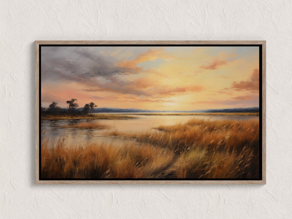 Serene Sunset Marsh Wetlands Golden Clouds Landscape Art Poster