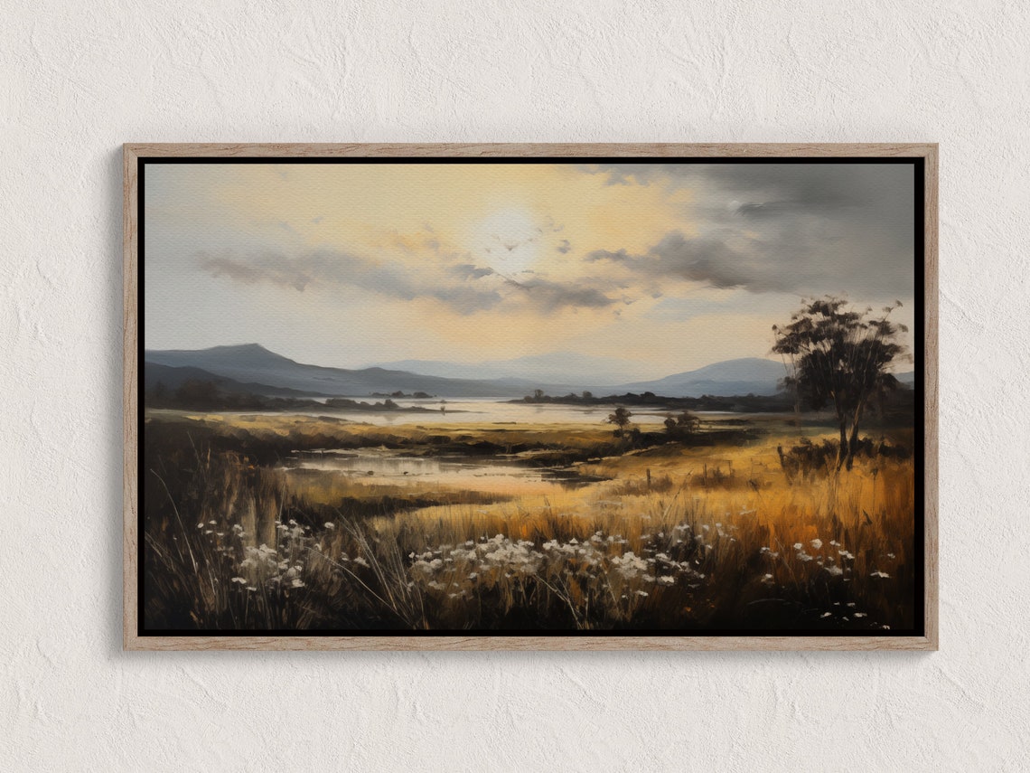 Scottish Highland Meadow Reflective Lake Oil Painting Landscape Poster