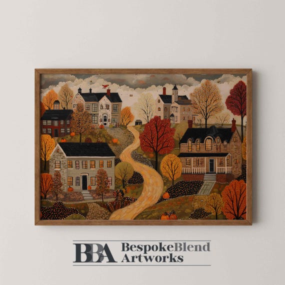 Fall Wall Art Autumn Village Scene Vintage Painting With Colonial Homes Pumpkins Rustic Trees And Whimsical Folk Country Charm