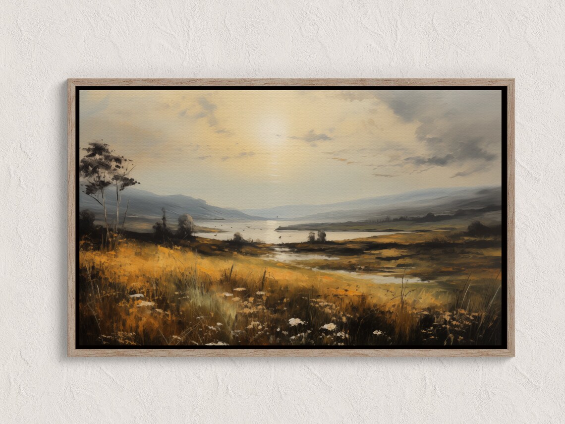 Scottish Sunset Landscape Golden Meadow Lake Ethereal Oil Art Poster