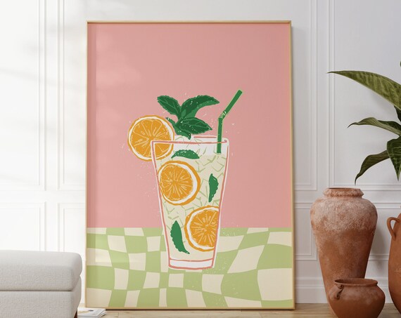 Citrus Spritzer Cocktail Illustration Pink Funky Bar Cart Poster