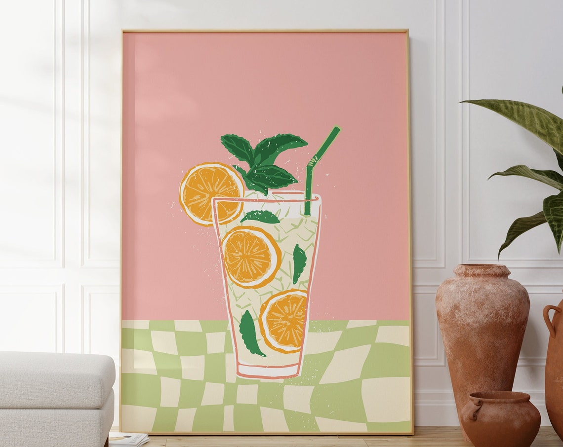 Citrus Spritzer Cocktail Illustration Pink Funky Bar Cart Poster