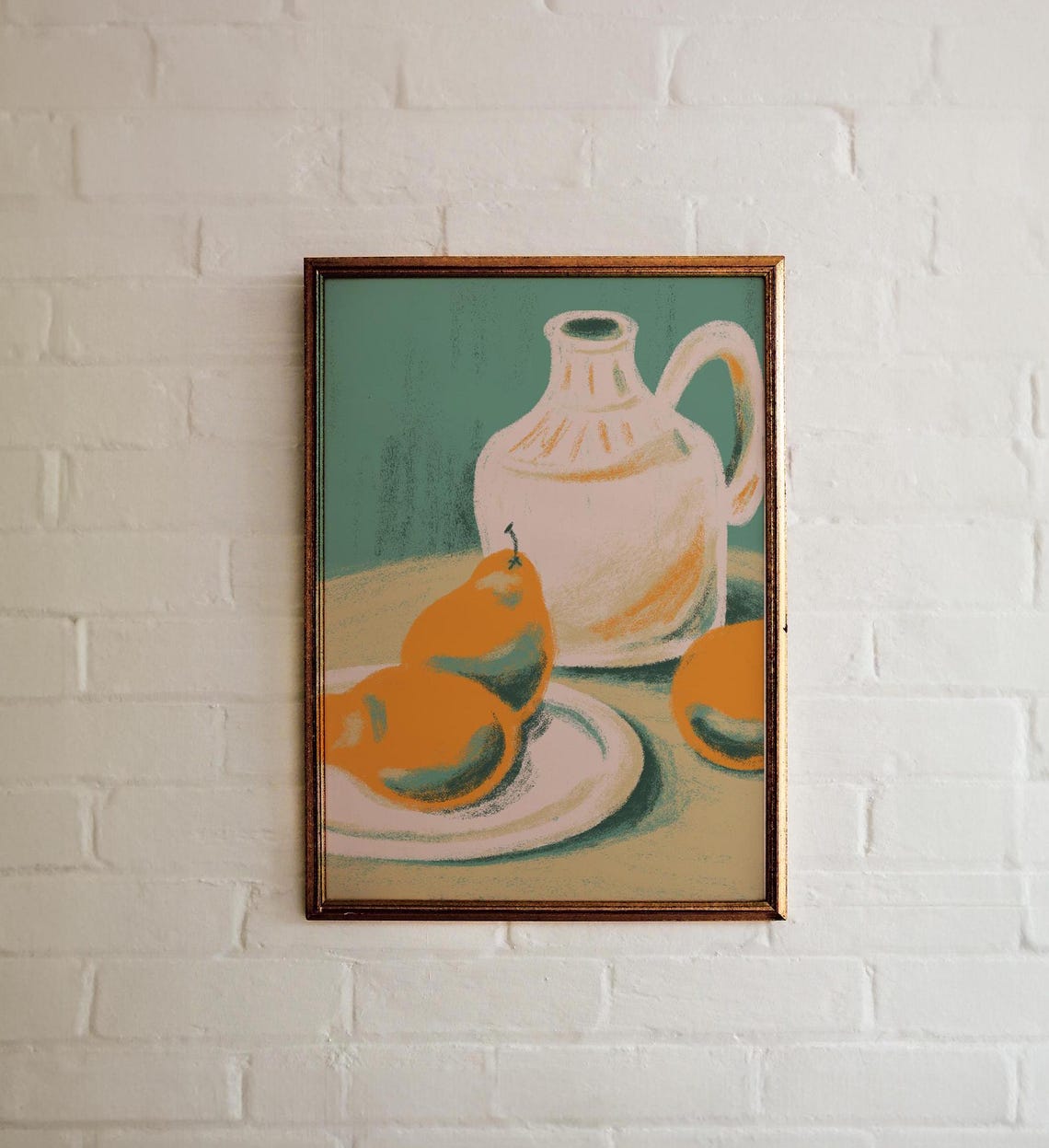 Sunlit Still Life Jug Pears Lemons Teal Kitchen Painting Art Poster - Image 2