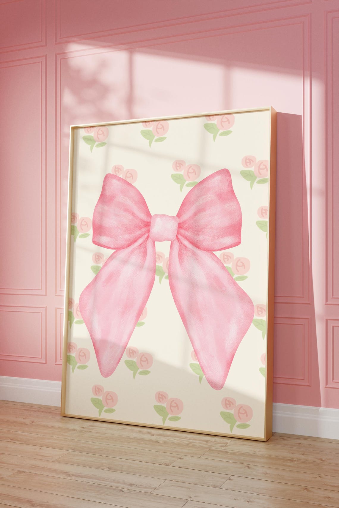 Watercolor Pink Bow Wall Art Soft Ribbon Roses Coquette Nursery Print - Image 2