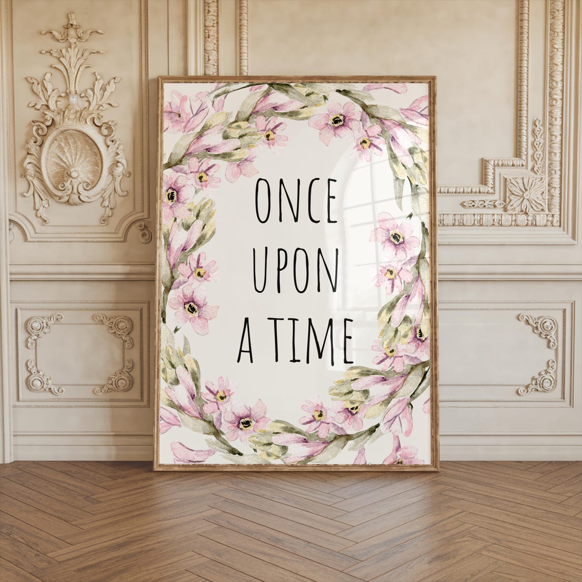 Once Upon A Time Pink Floral Wreath Watercolor Nursery Wall Art - Image 2