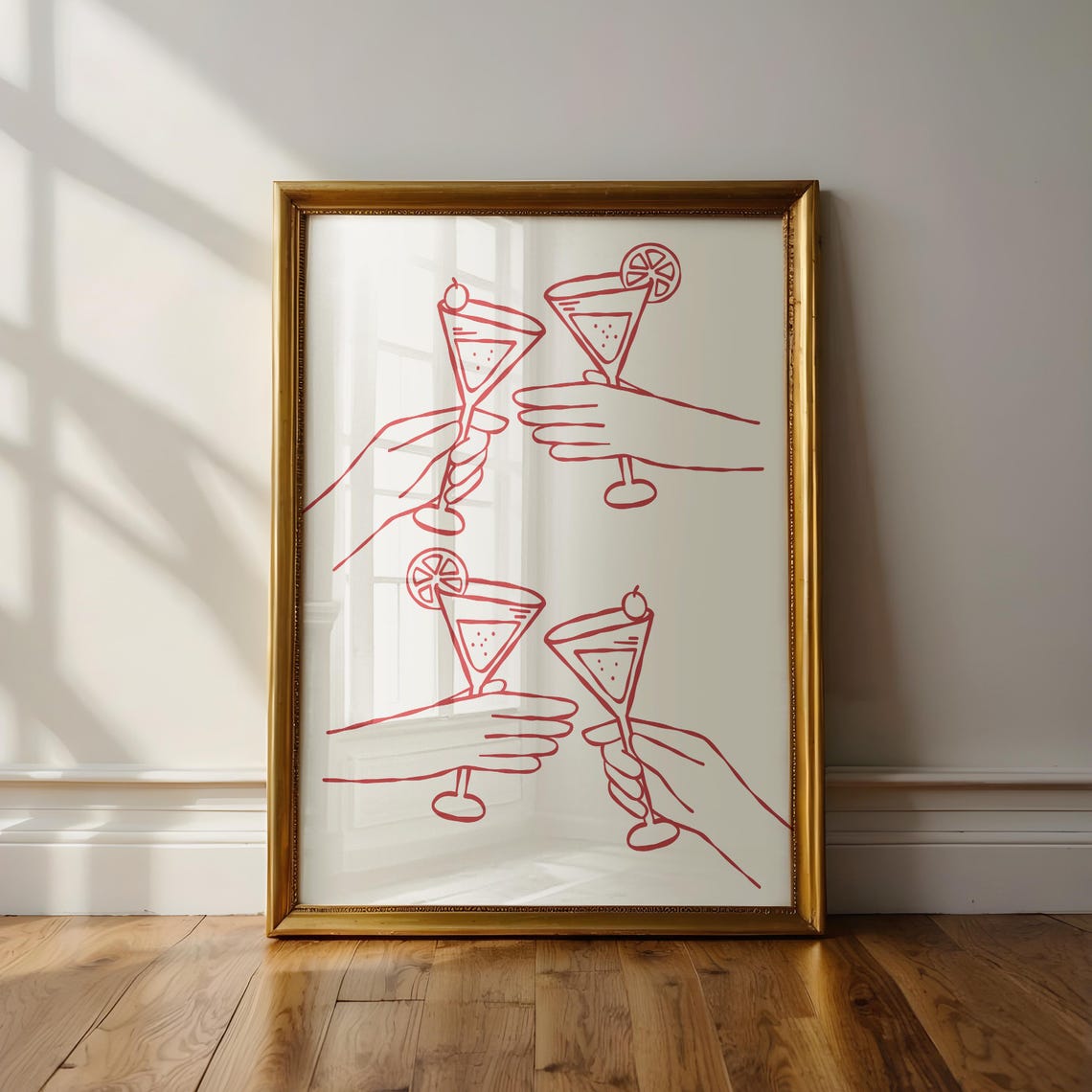 Cheers Cocktail Glasses Red Raising Line Art Retro Bar Cart Poster - Image 2