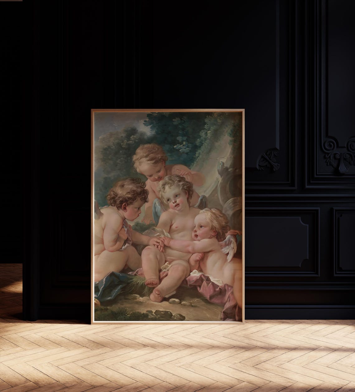 Dancing Cherubim Putti Angels Garden Rococo Oil Painting Wall Art - Image 2