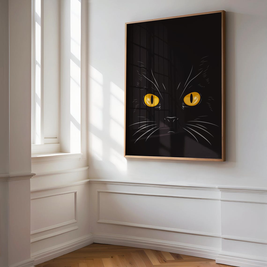 Black Cat Golden Eyes Dark Minimalist Halloween Wall Art Poster - Image 3
