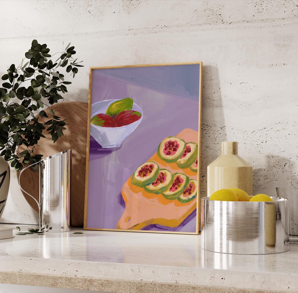 Sliced Figs Fruit Bowl Kitchen Painting Purple Background Art Poster - Image 3