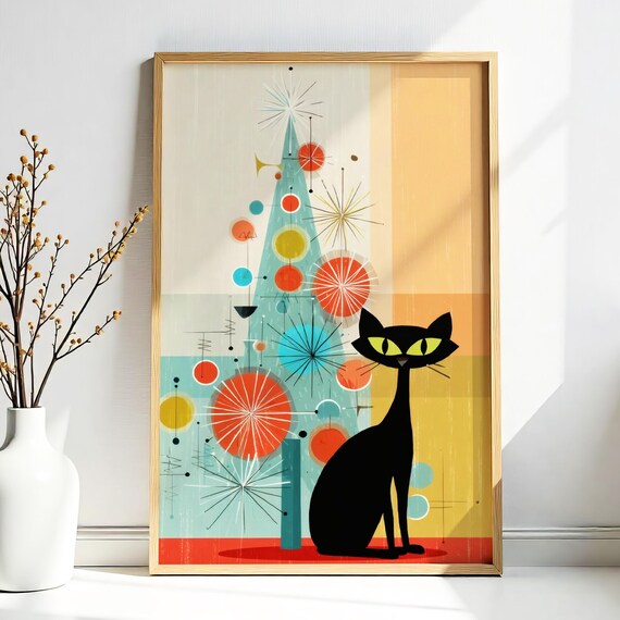 Black Cat with Retro Christmas Tree Atomic Starburst Holiday Print