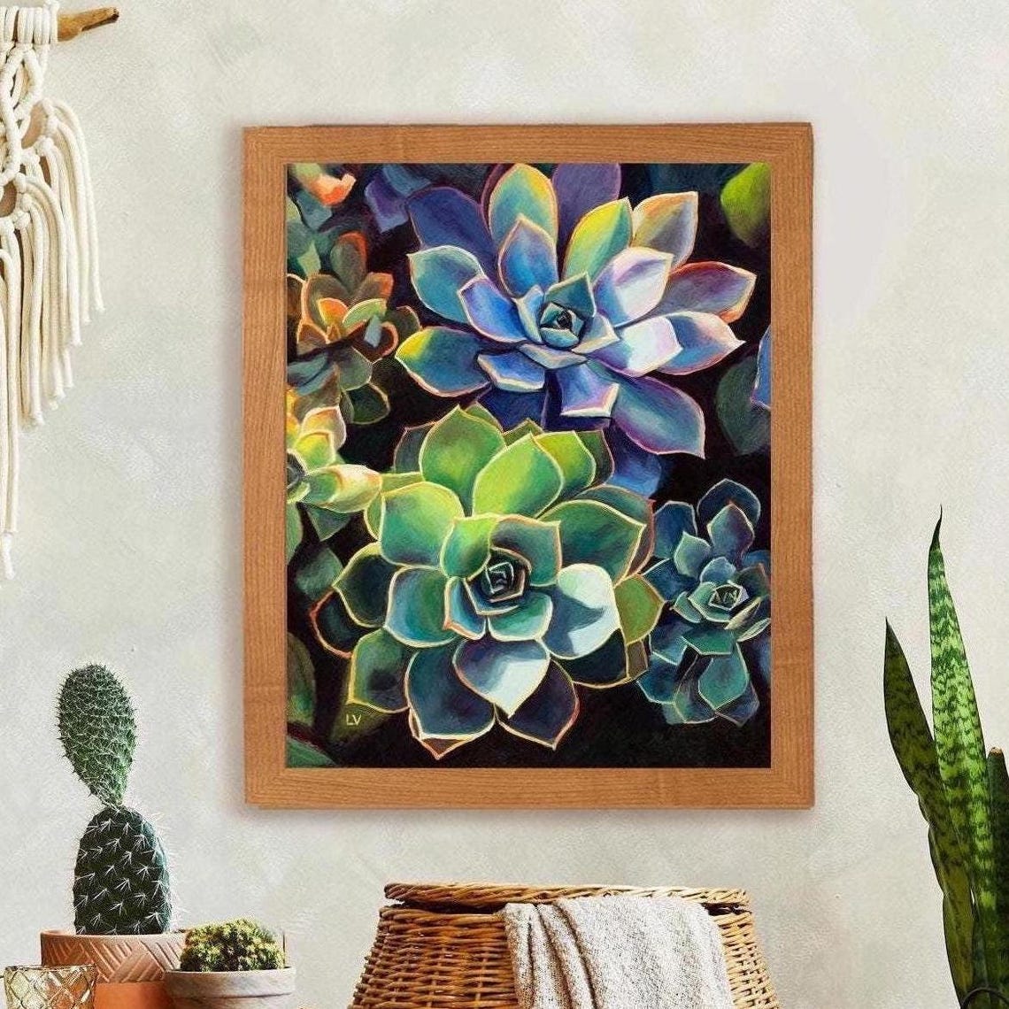 Blue and Green Succulent Cluster Oil Painting Botanical Print