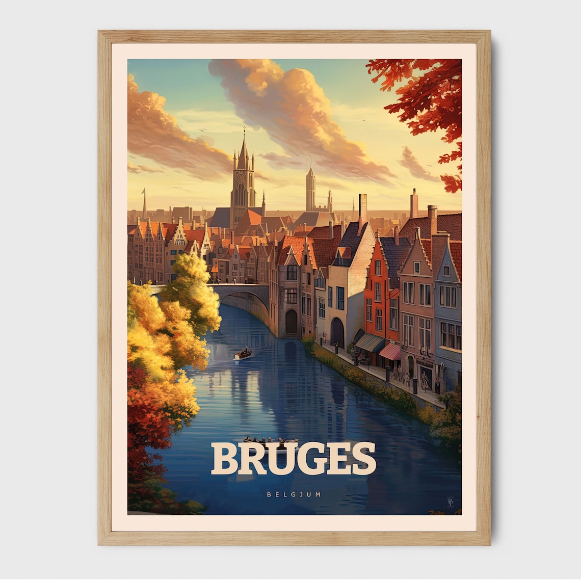 Bruges Belgium Medieval Canal Belfry Tower Autumn River View Poster