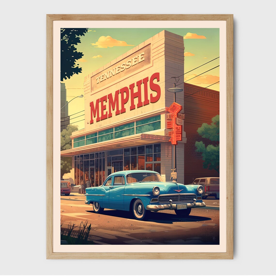 Memphis Tennessee Vintage Classic Car Downtown Storefront Scene Poster