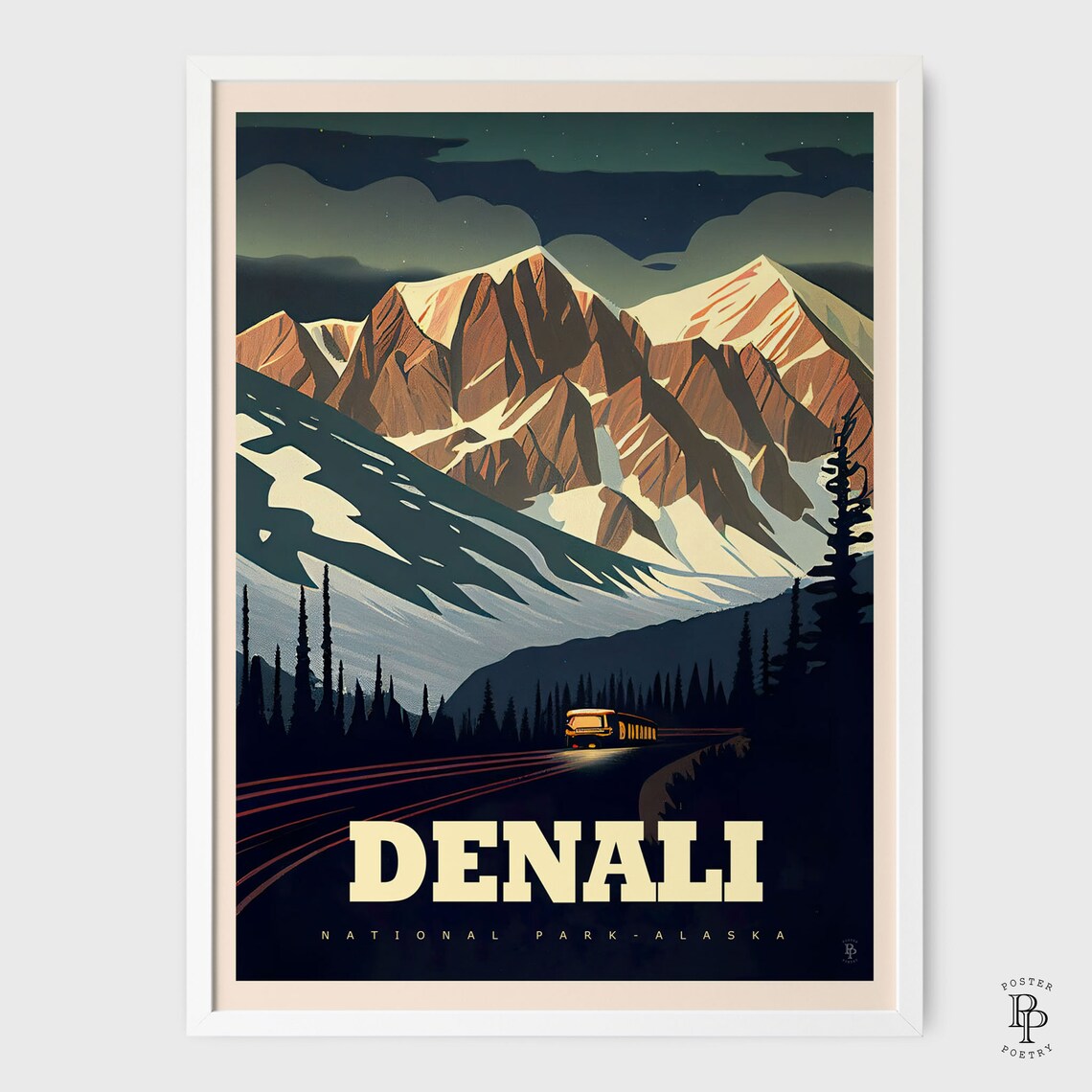Denali National Park Alaska Snowy Mountain Night Vintage Style Poster - Image 2