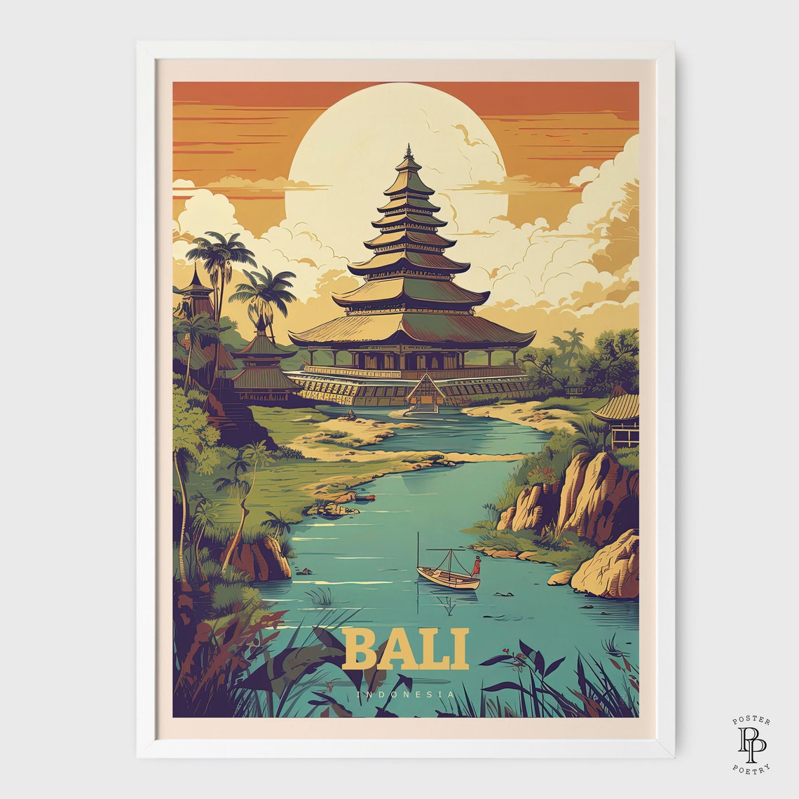 Bali Indonesia Balinese Temple Sunset River Boat Travel Poster - Image 2