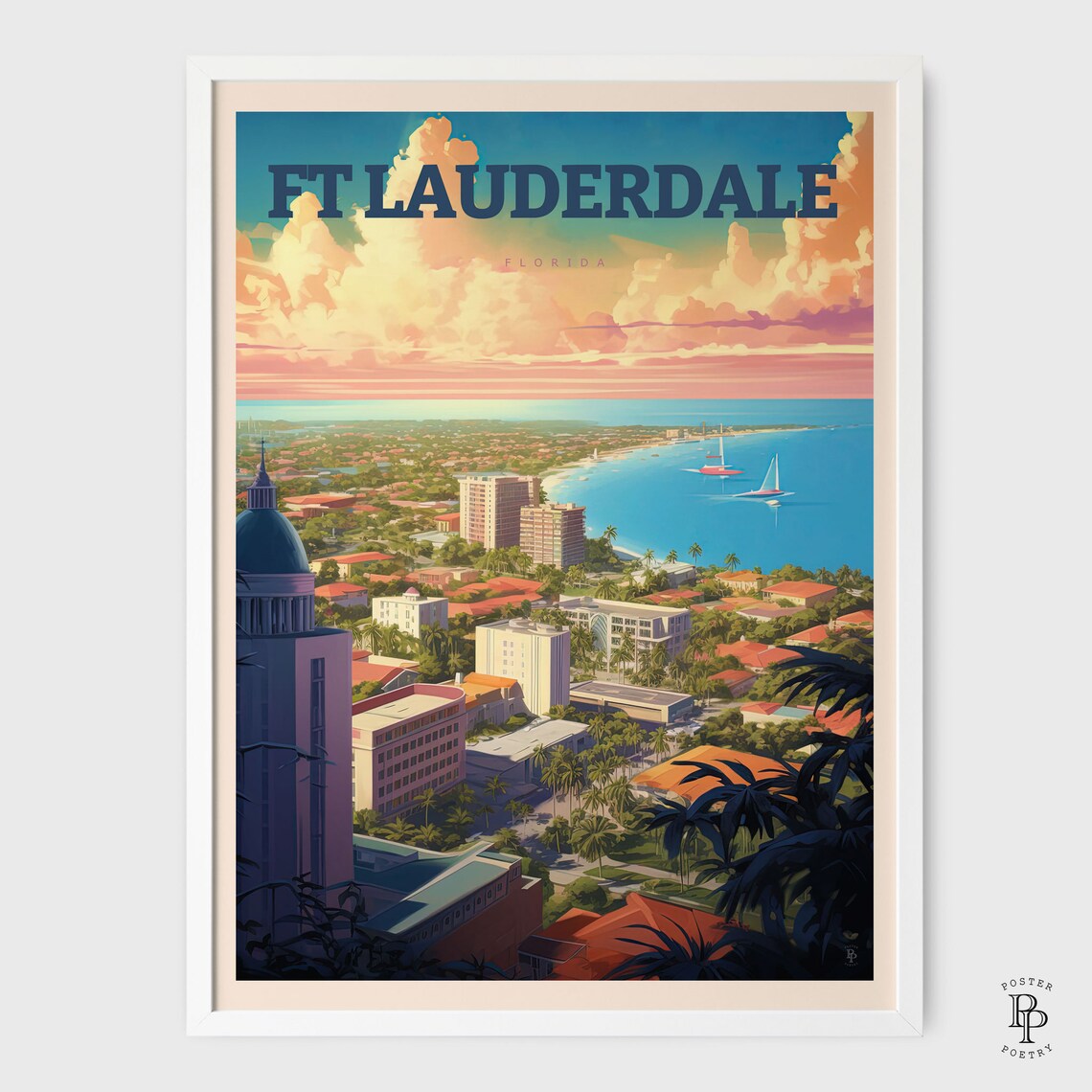 Fort Lauderdale Florida Beach Aerial Coastline Sunset City View Poster - Image 2