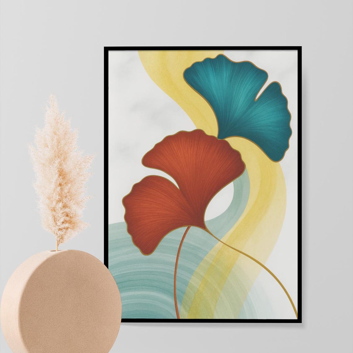 Red And Teal Ginkgo Leaf Modern Abstract Botanical Art Print