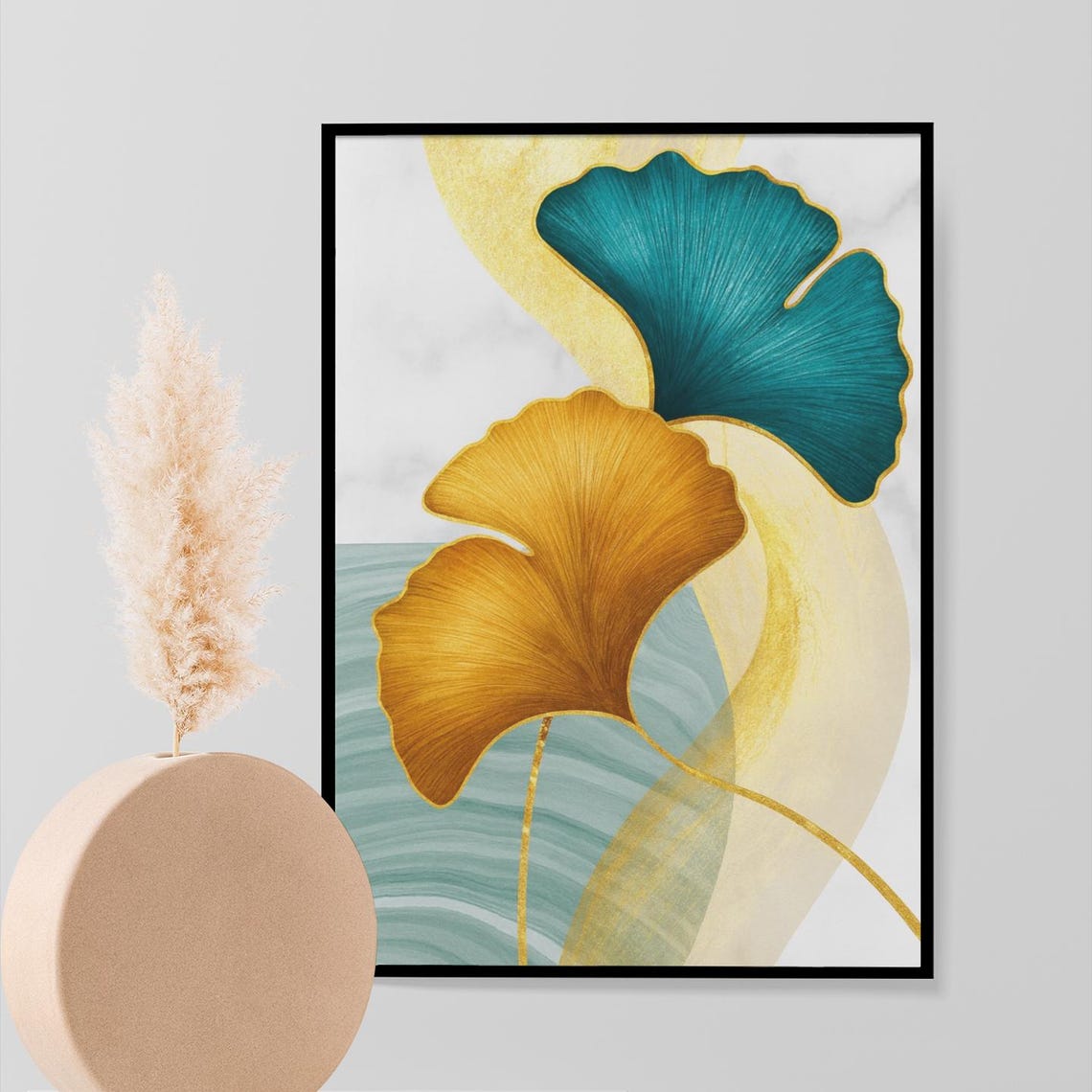 Blue And Gold Ginkgo Leaf Print Modern Abstract Botanical Art