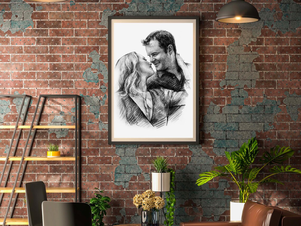 Wedding Couple Embracing with Rose Bouquet Custom Pencil Sketch Poster - Image 2