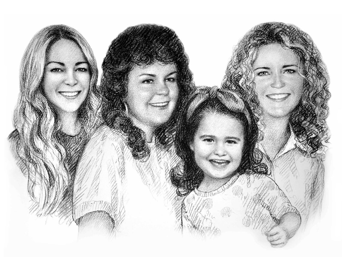 Three Women and Little Girl Custom Pencil Portrait Sketch Print