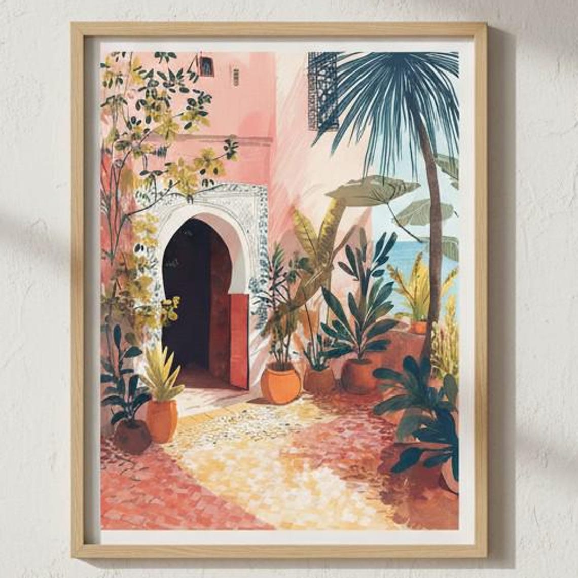 Mediterranean Garden Terrace Pink Arch Botanical Decor Wall Print