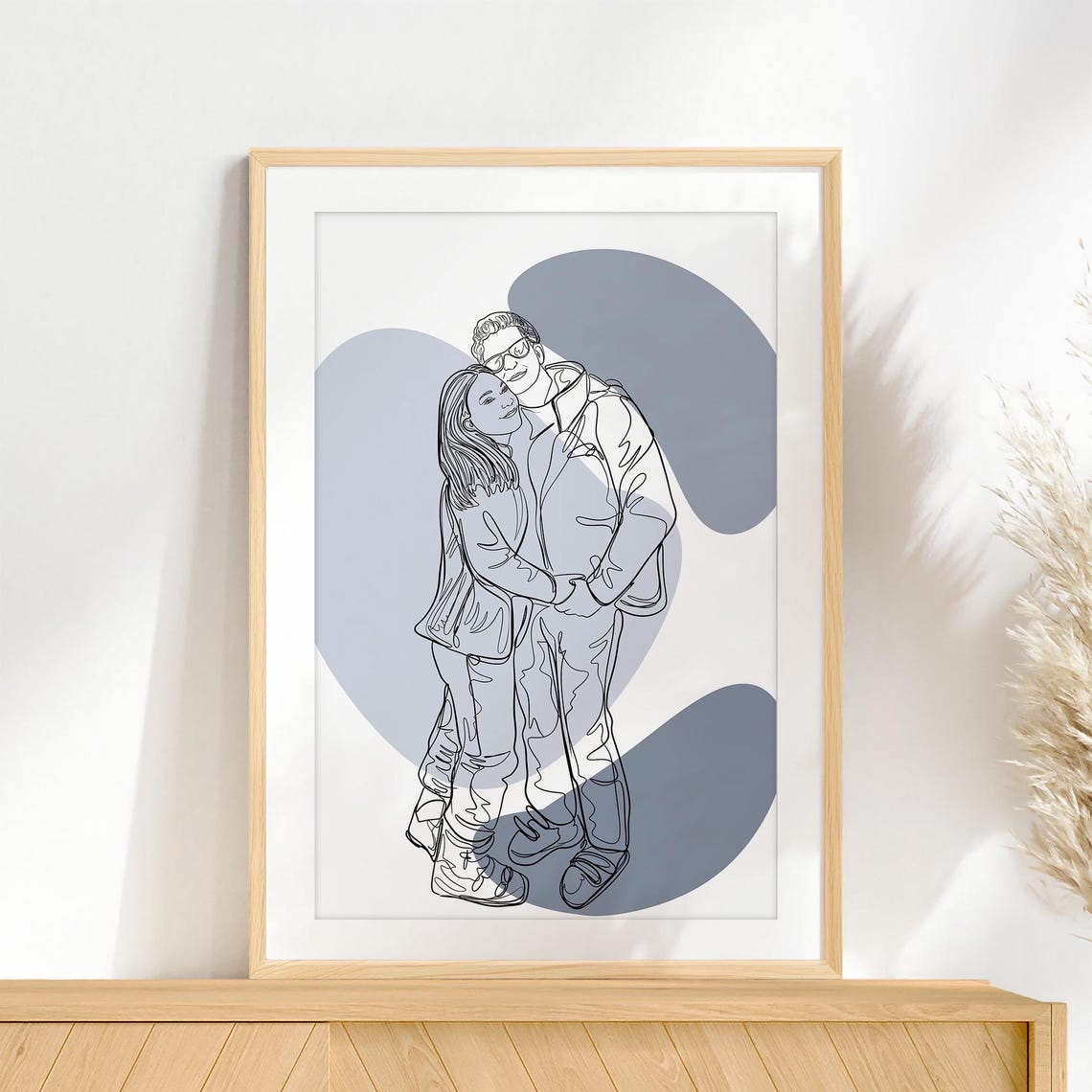 Embracing Couple Line Art Portrait With Soft Blue Abstract Poster