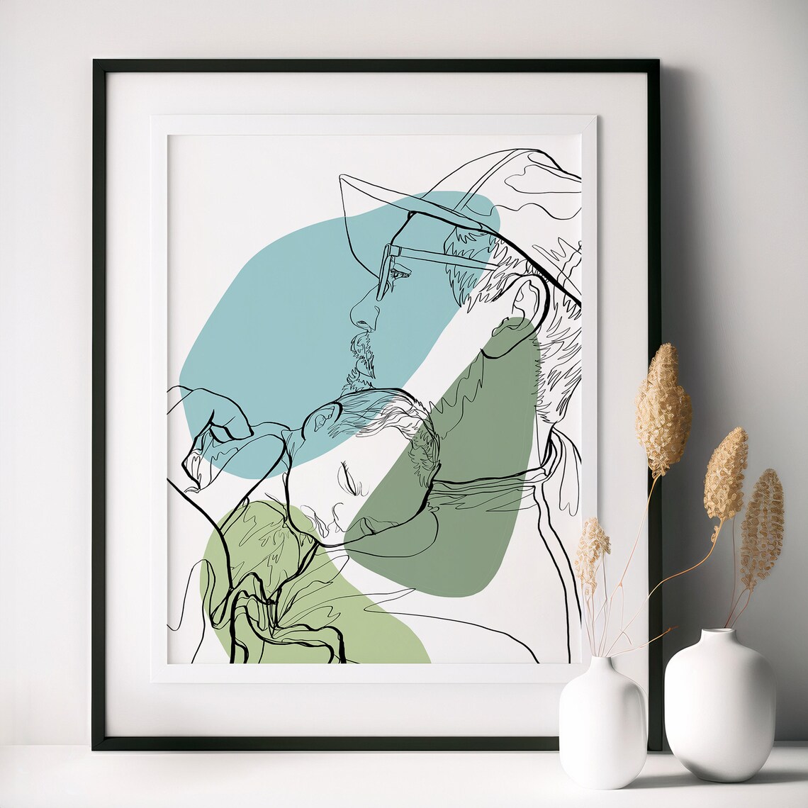 Father Holding Sleeping Baby Line Art Abstract Portrait Poster