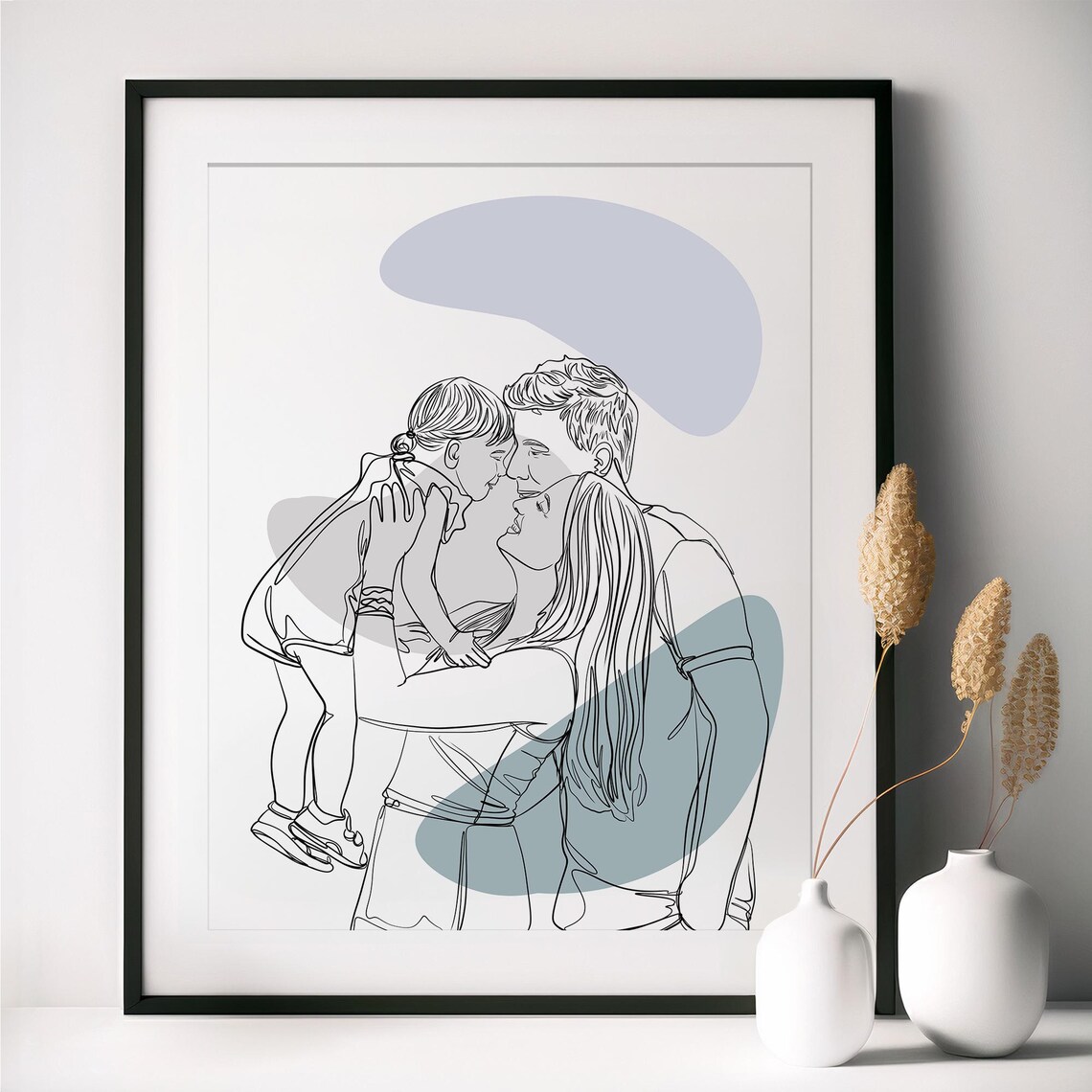 Family with Dog Line Art Portrait in Warm Terracotta Tones Poster - Image 2