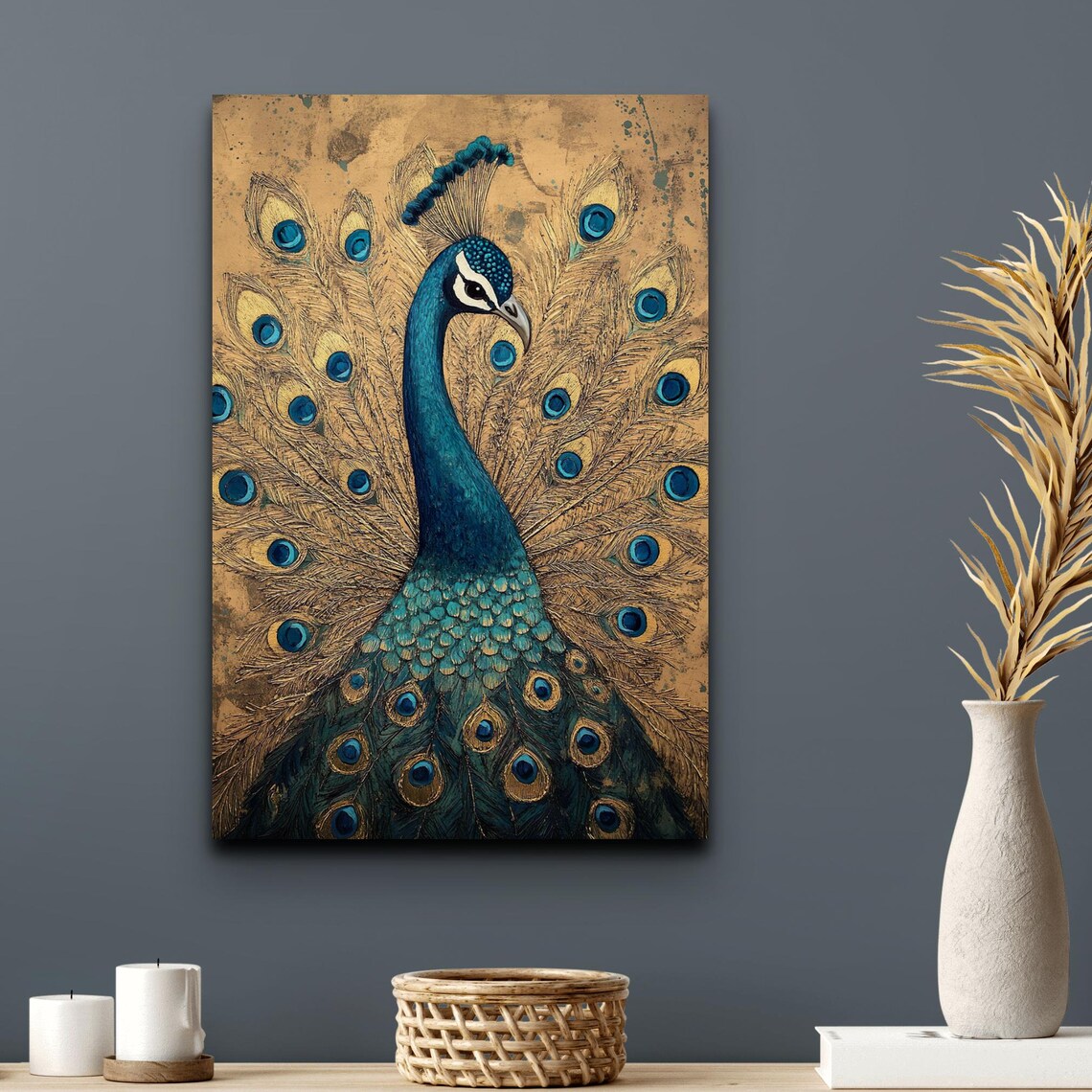 Peacock On Antique Gold Regal Plumage Elegant Bird Art Poster