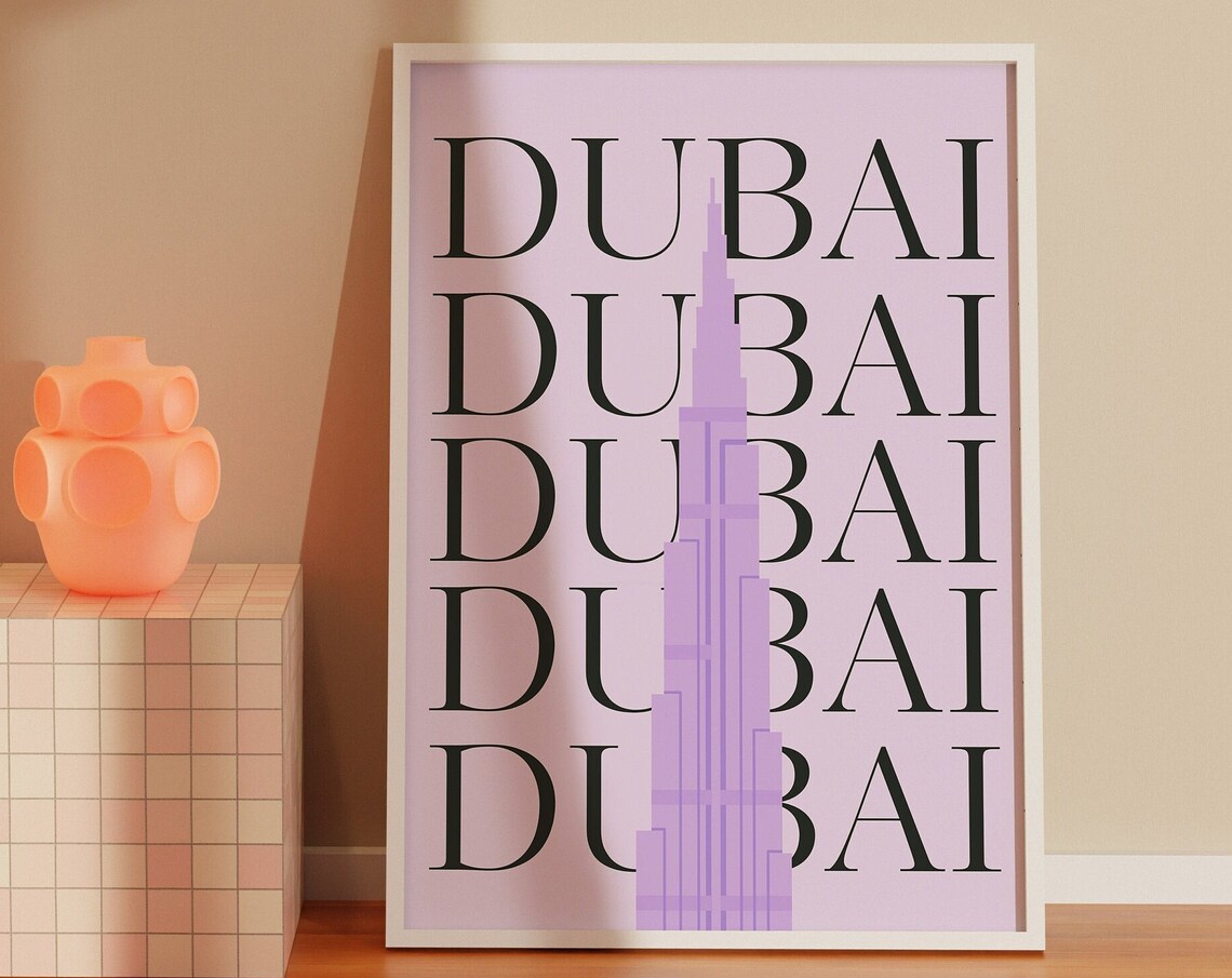Lilac Dubai Typography With Burj Khalifa Silhouette Travel Art Poster