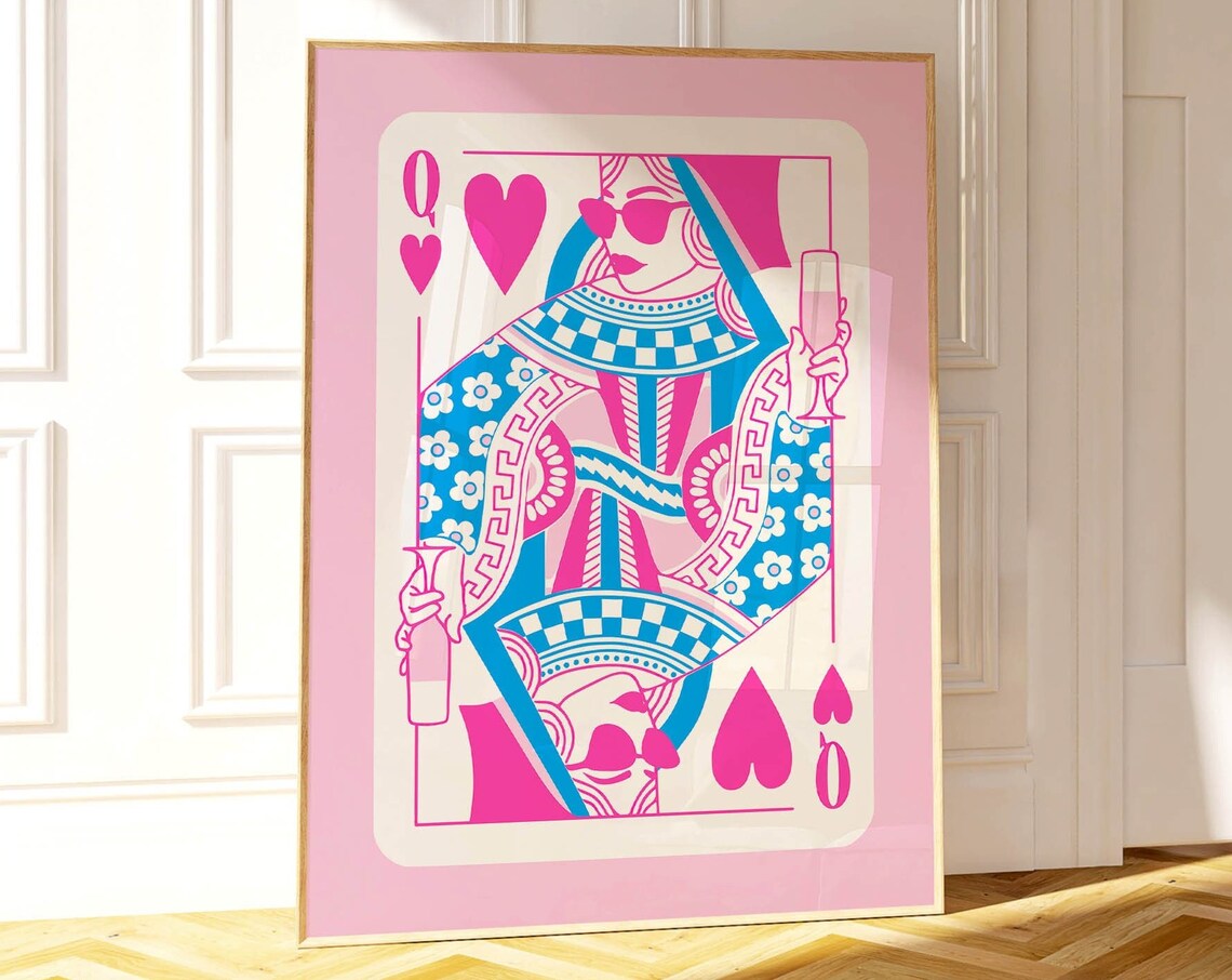 Queen Of Hearts Blue Wall Art, Hot Pink Decor