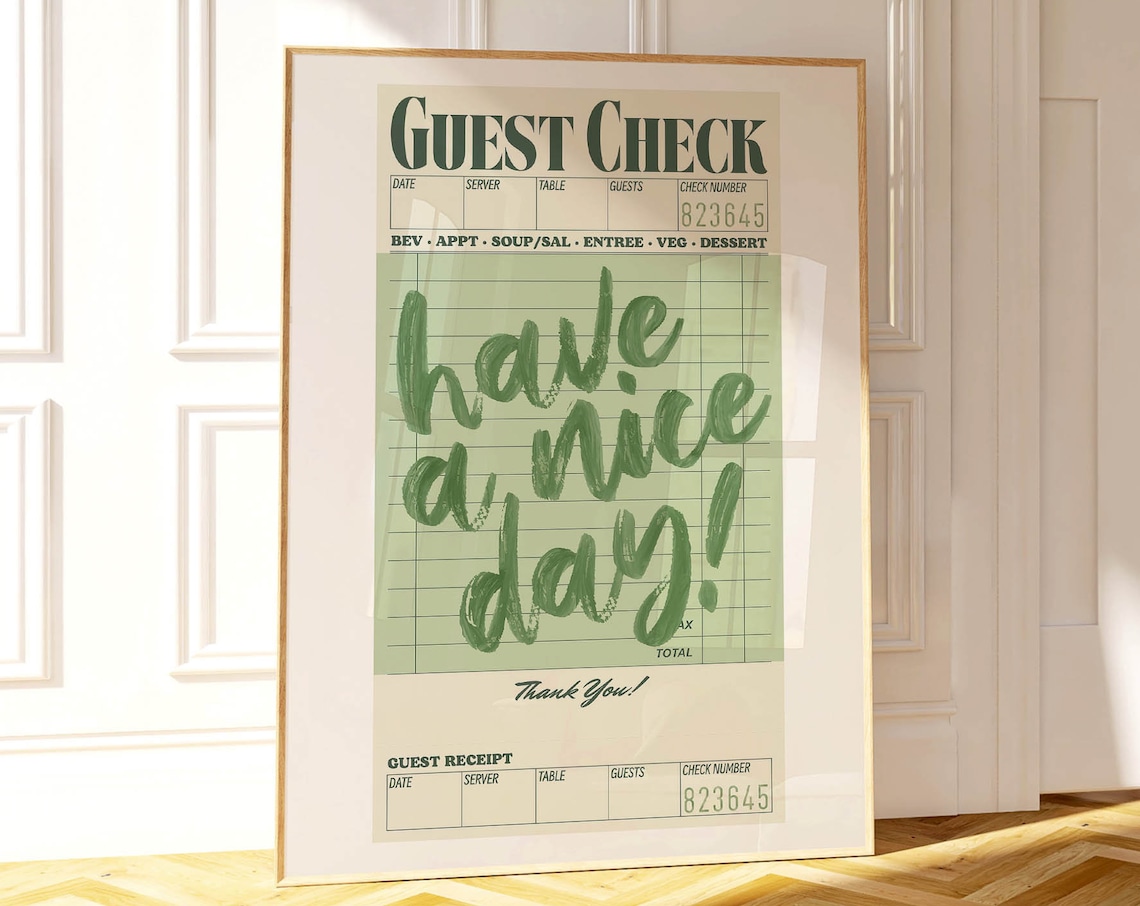 Have A Nice Day Guest Check Art Print, Sage Green