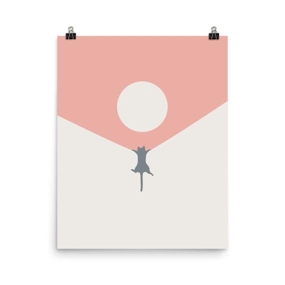 Minimalist Cat Silhouette Reaching Toward Sun Geometric Art Poster