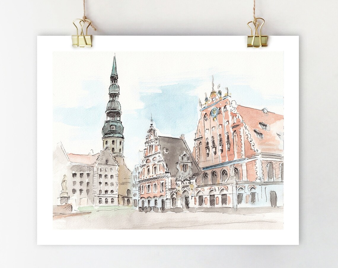 Riga Latvia Watercolor House Of Blackheads Art Print