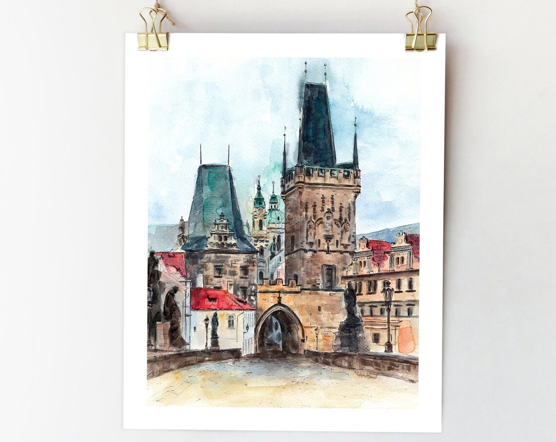 Prague Watercolor Sketch Art Print, Czech Republic City