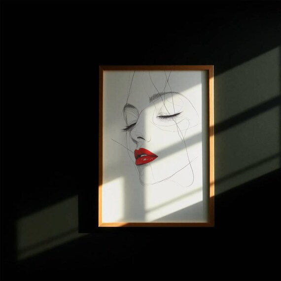 Minimalist Woman Face with Red Lips Elegant Modern Line Art Poster