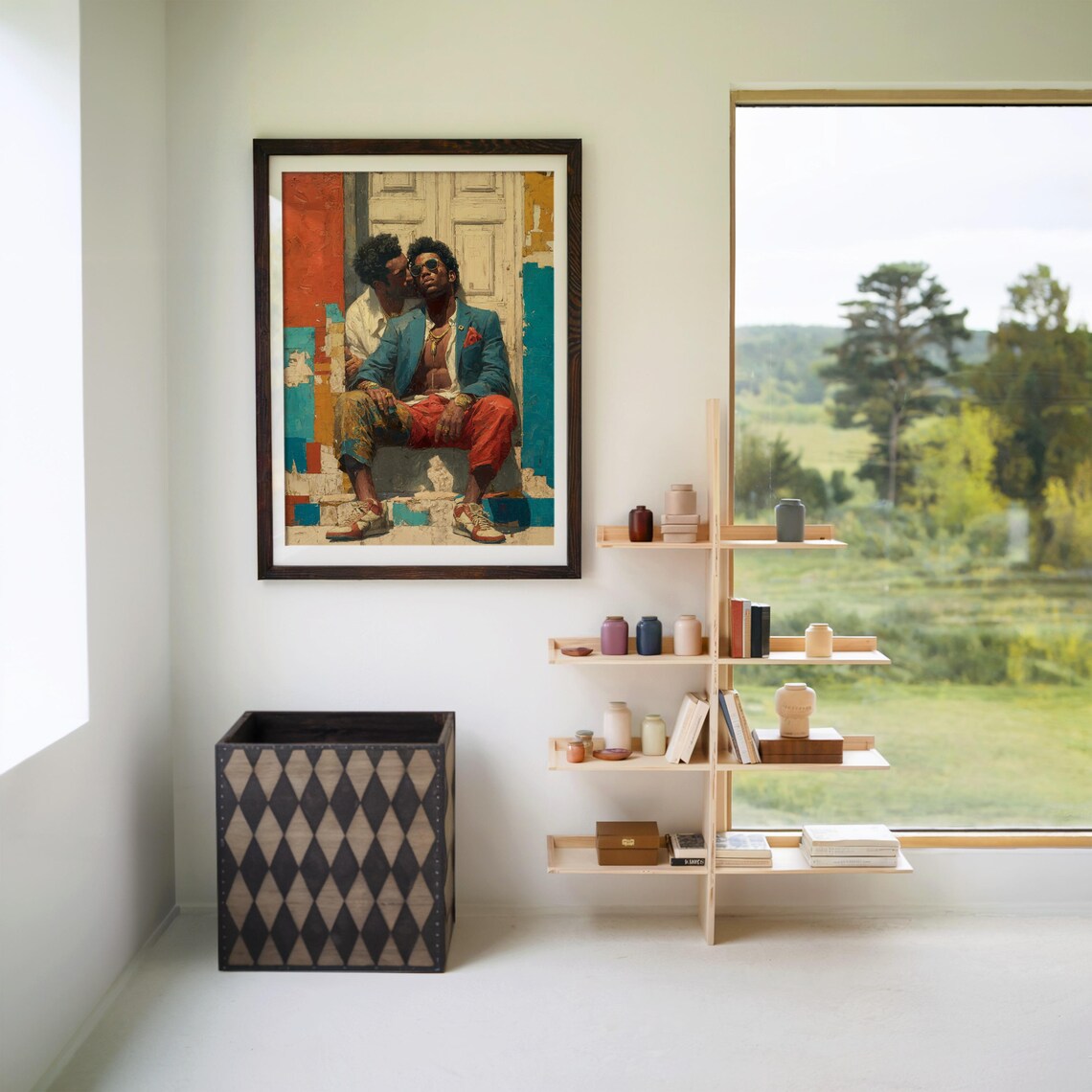 Two Men in Sunglasses Seated Contemporary Portrait Painting Wall Art