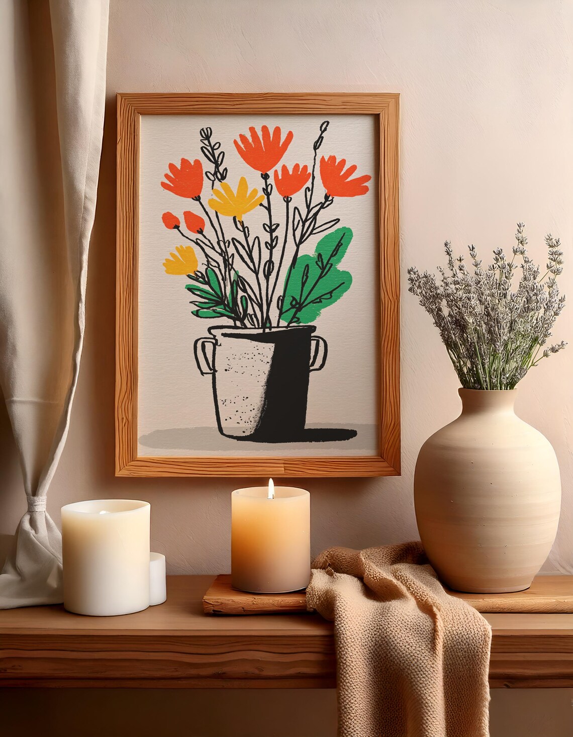 Orange Folk Art Flowers in Black Vase Whimsical Floral Poster