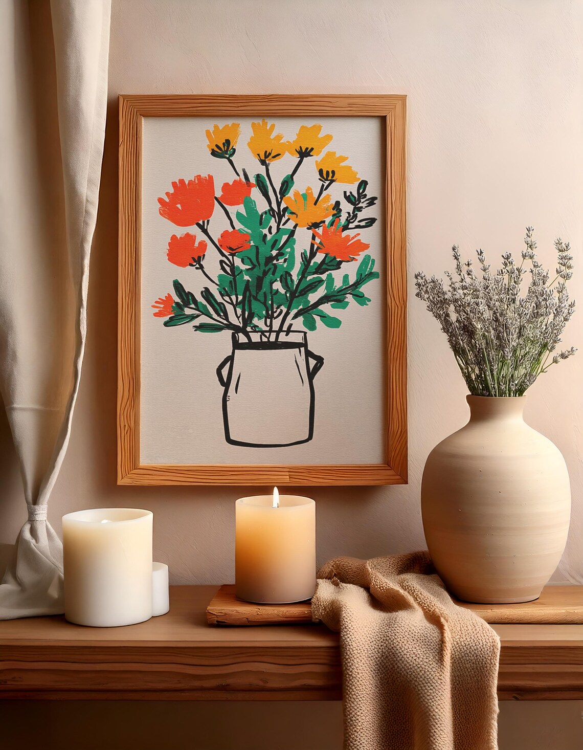 Orange and Yellow Wildflowers in a Milk Jug Folk Art Style Poster