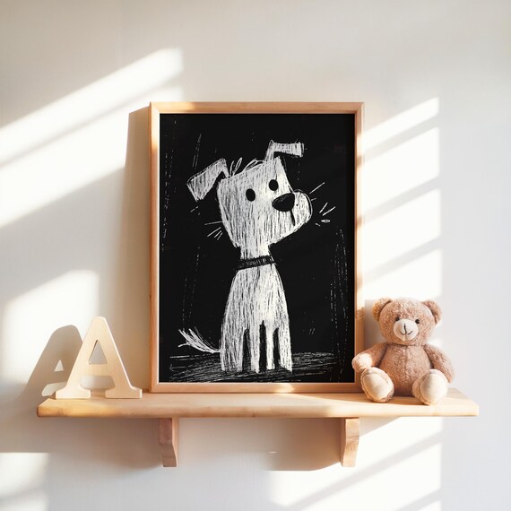 Chalkboard White Dog Sketch Nursery Playful Puppy Line Art Poster