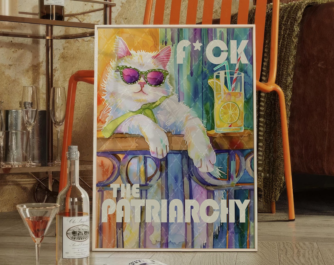 Fck The Patriarchy Funny Cat Poster, Feminist Watercolor
