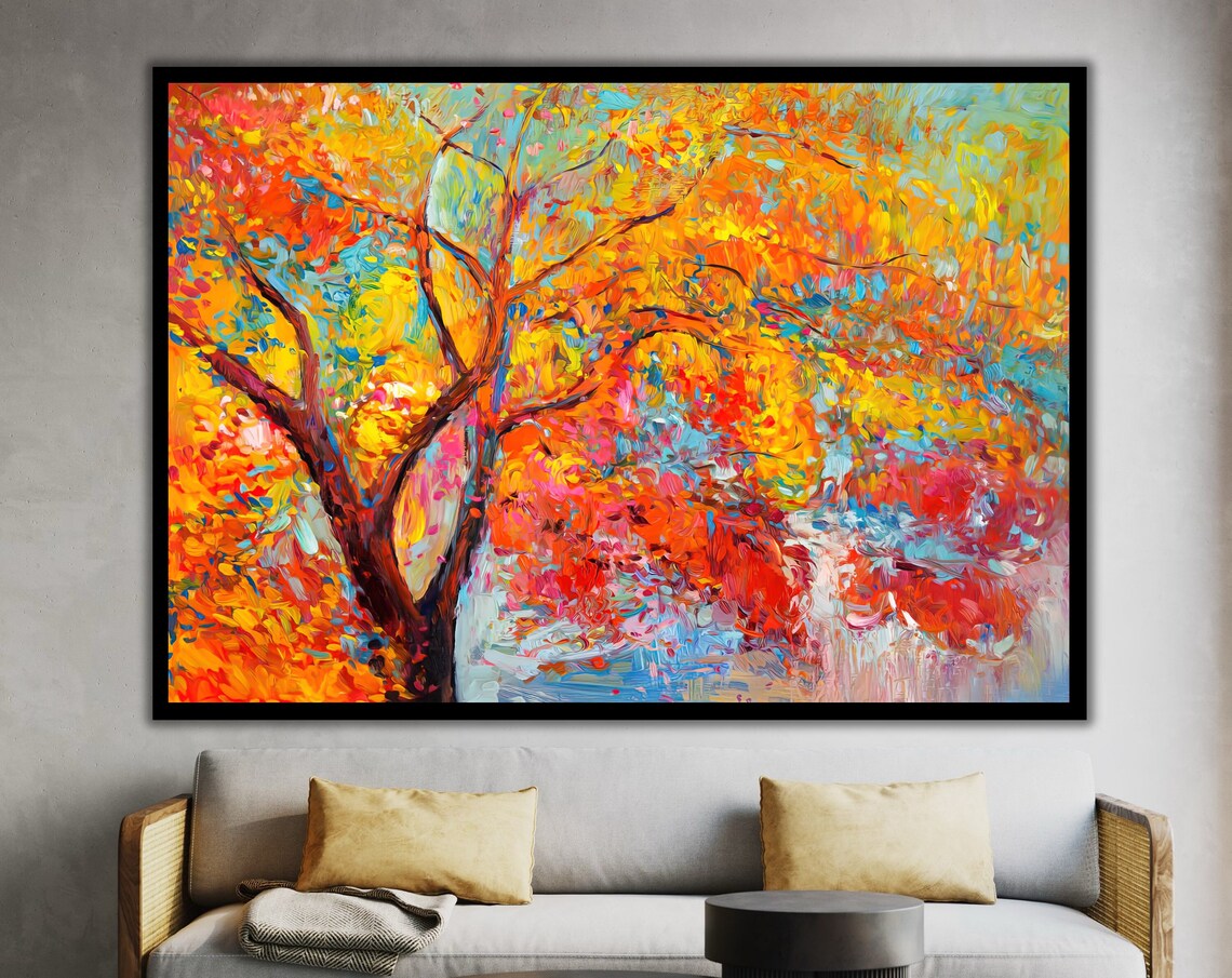 Vibrant Autumn Tree Impasto Painting Colorful Fall Foliage Wall Art