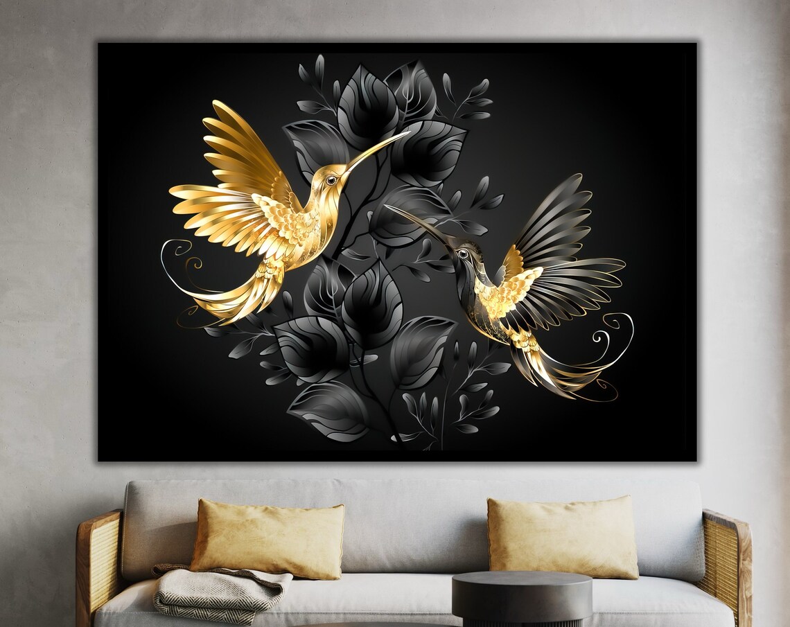 Golden Hummingbirds on Black Luxurious Black and Gold Bird Wall Art
