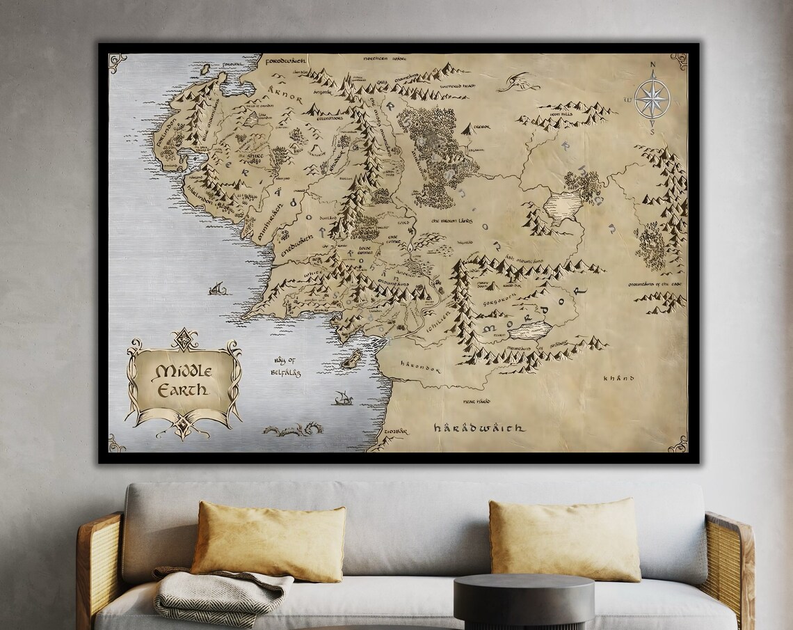 Middle Earth Fantasy Map Vintage Lord Of The Rings Antique Map Poster