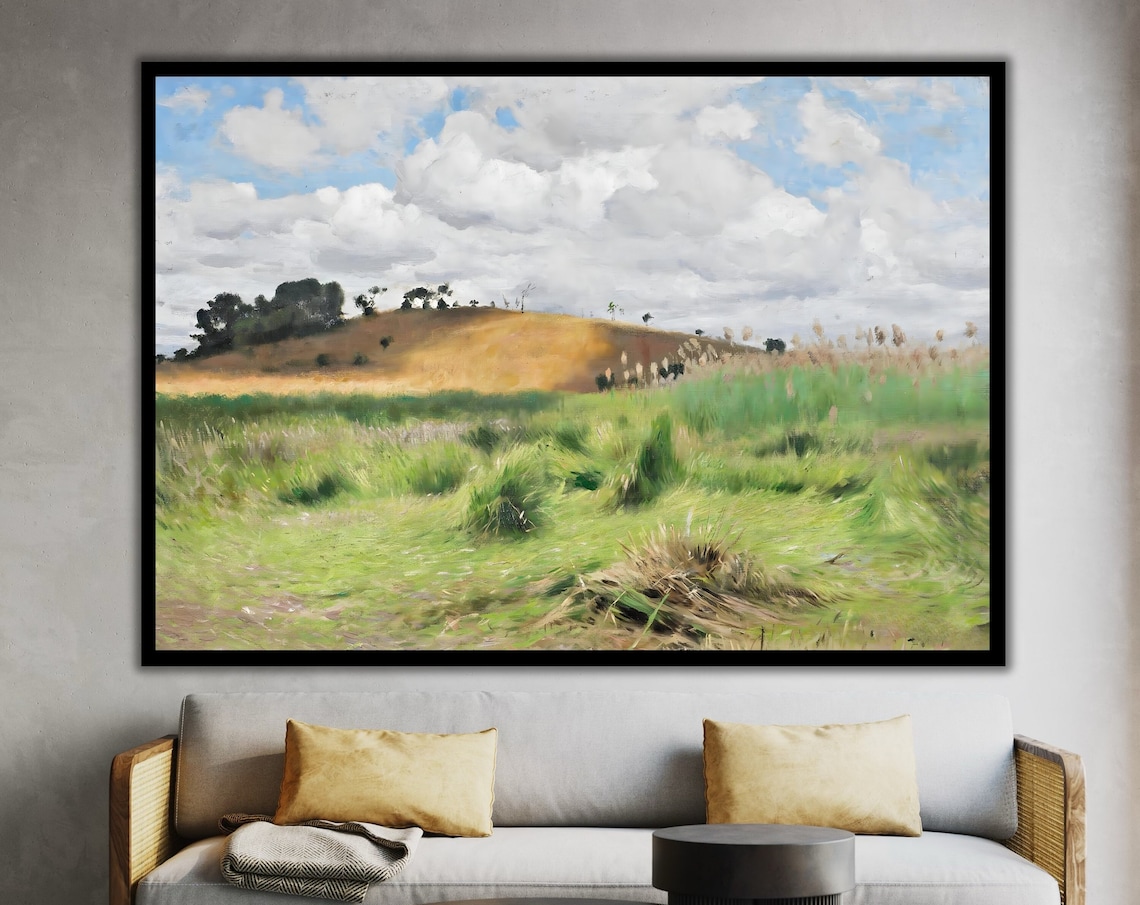 Lush Green Marsh Meadow Golden Hill Impressionist Landscape Art Poster