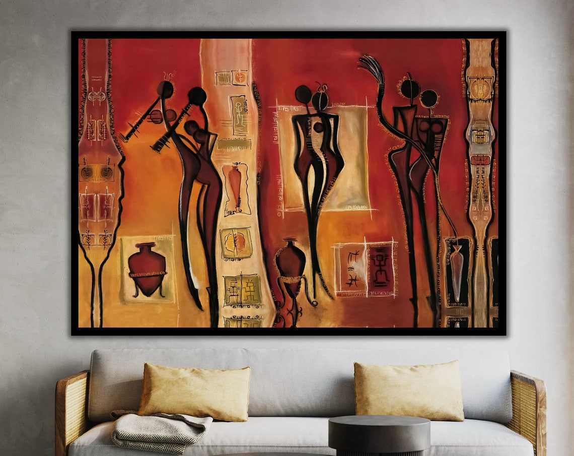 Abstract African Tribal Figures Warm Orange Ethnic Art Wall Art