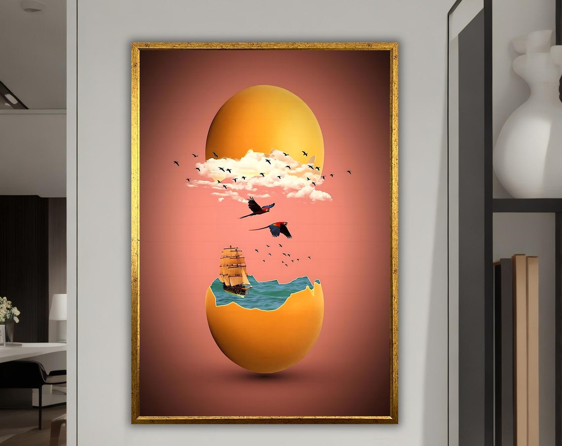 Surreal Giant Golden Egg Ship Ocean Birds Sunset Surrealism Art Poster