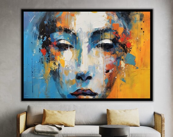 Abstract Female Face Oil Painting Blue Orange Splash Modern Art Poster