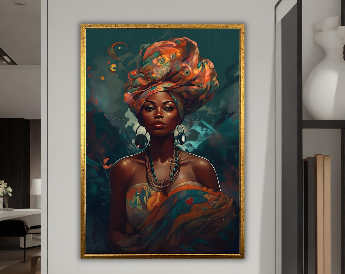 African Woman Patterned Headwrap Jewelry Emerald Portrait Art Poster